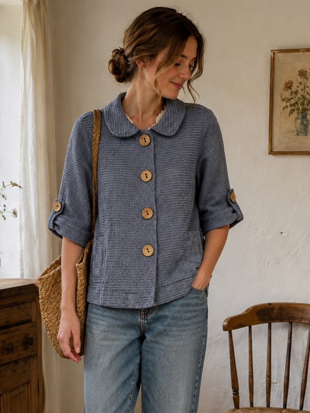 FOCUS Light Blue Textured Pea Coat with Wooden Buttons